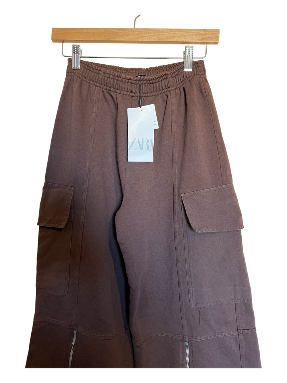 Zara Wide Leg Cargo Zip Hem Pants - Dark Brown size S - Picture 3 of 4